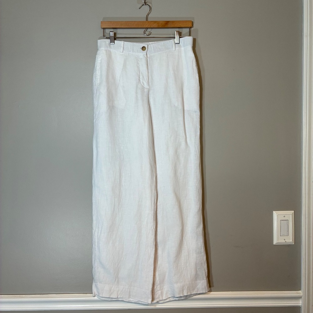 J.Crew White 100% Linen Wide Leg Pants High Rise Elastic Back Trousers Small